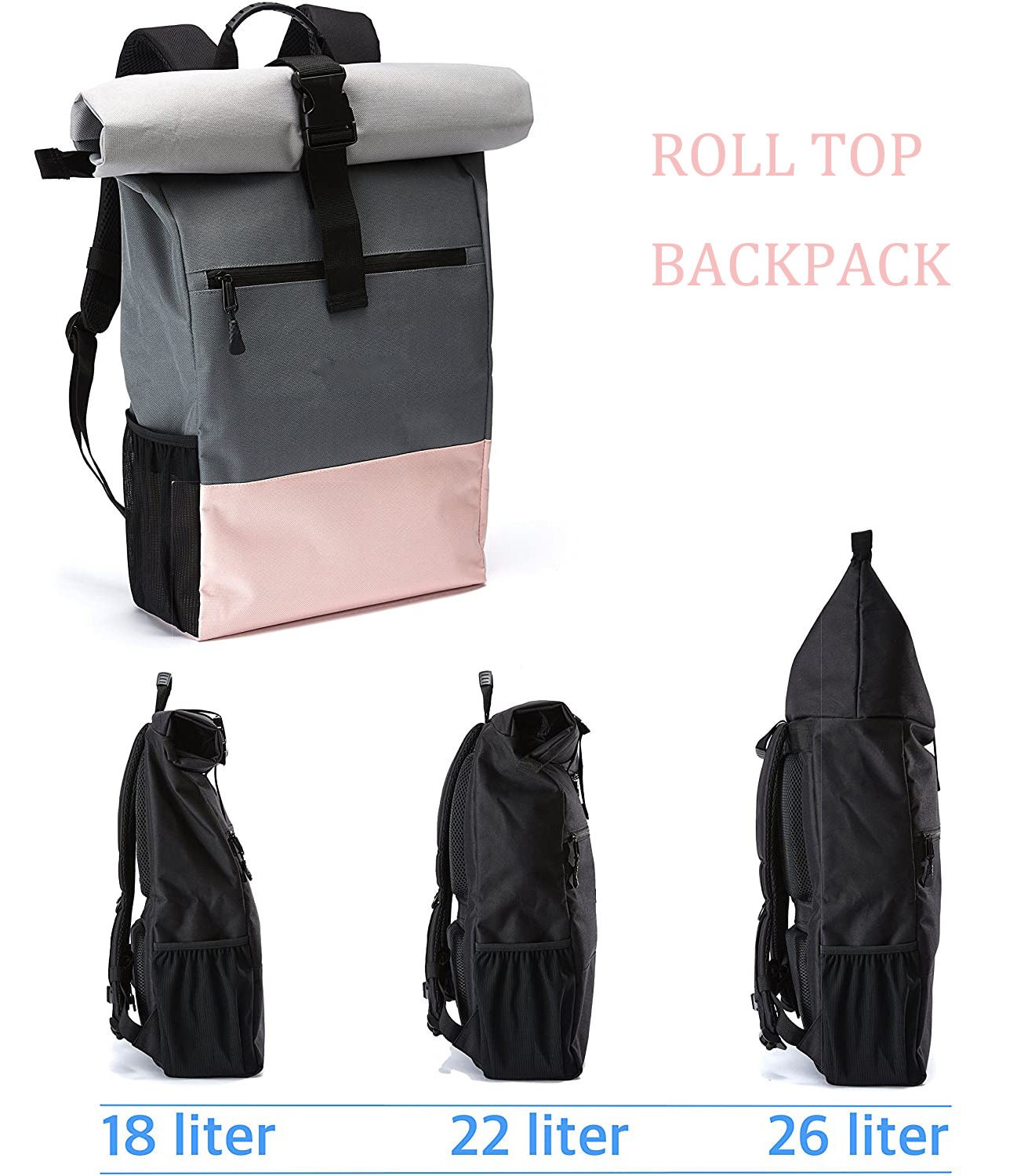 Custom Black Print Design Women Recycled Rolltop Backpack Casual Sports Laptop Backpacks